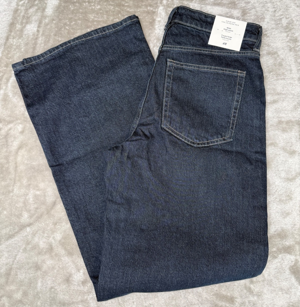 H&M Blue Dark Wash High Rise Wide Leg Denim Jeans Womens Size 8 NWT